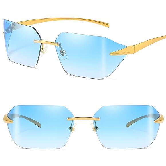Rimless Rectangle Sunglasses Gold Temple Gradient Blue Lenses UV400 Protection - Picture 1 of 4